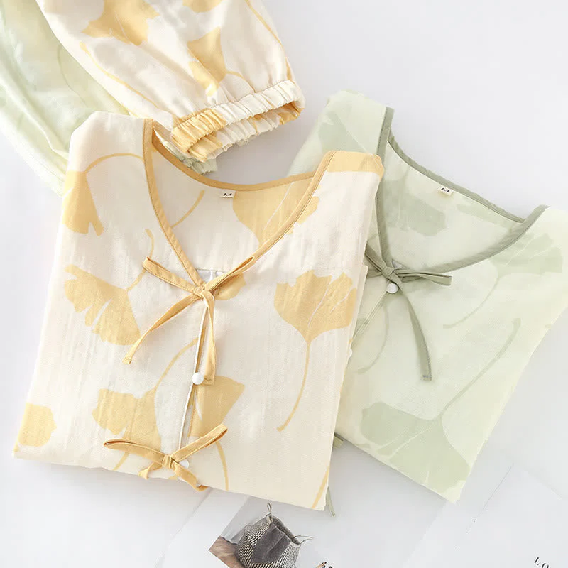 Pyjama Décontracté Élégant Femme à Feuilles de Ginkgo – Ensemble 2 Pièces Léger et Doux en Coton avec Noeud Décoratif et Coupe Ample - Image 3