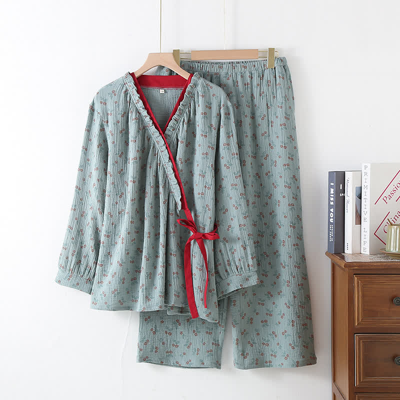Pyjama Kimono Confort Femme en Gaze de Coton – Ensemble Léger 2 Pièces à Imprimé Rose Rurale, Doux et Respirant, Tenue de Nuit pour Toutes Saisons - Image 2