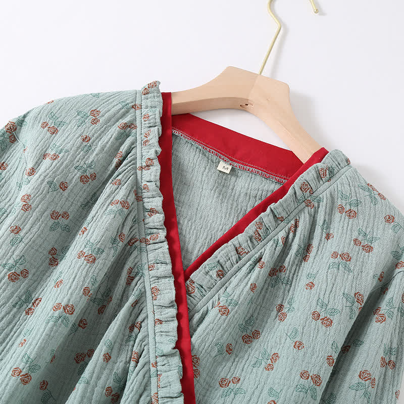 Pyjama Kimono Confort Femme en Gaze de Coton – Ensemble Léger 2 Pièces à Imprimé Rose Rurale, Doux et Respirant, Tenue de Nuit pour Toutes Saisons - Image 3