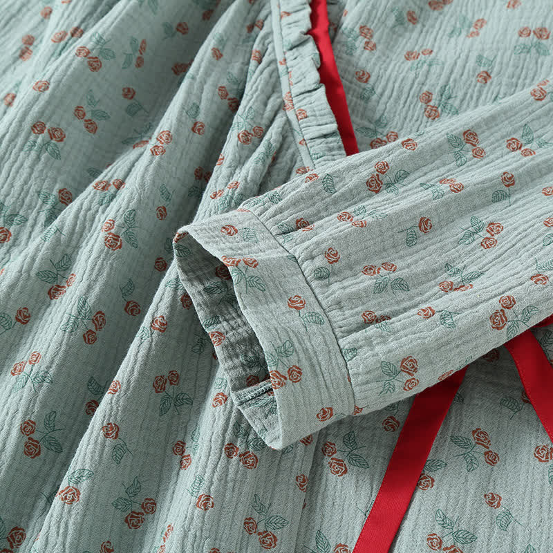 Pyjama Kimono Confort Femme en Gaze de Coton – Ensemble Léger 2 Pièces à Imprimé Rose Rurale, Doux et Respirant, Tenue de Nuit pour Toutes Saisons - Image 4