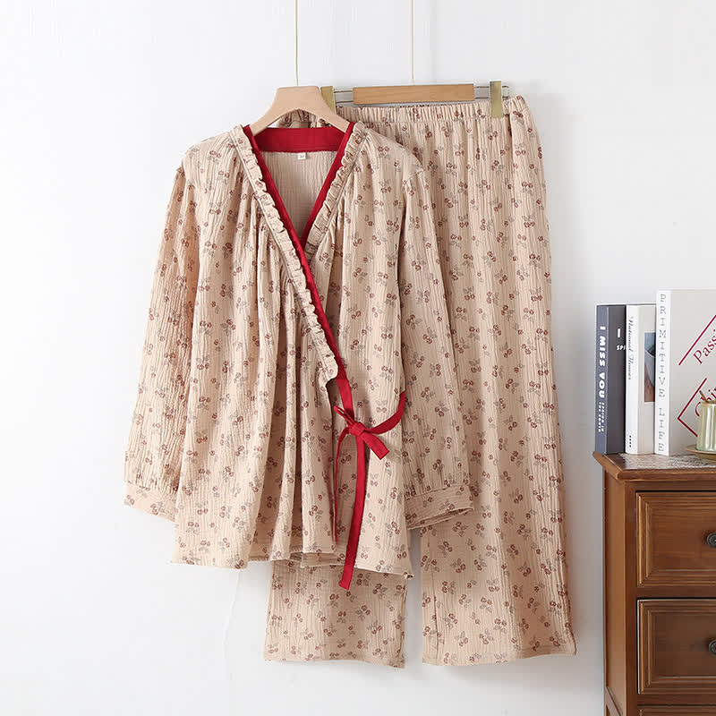 Pyjama Kimono Confort Femme en Gaze de Coton – Ensemble Léger 2 Pièces à Imprimé Rose Rurale, Doux et Respirant, Tenue de Nuit pour Toutes Saisons - Image 8