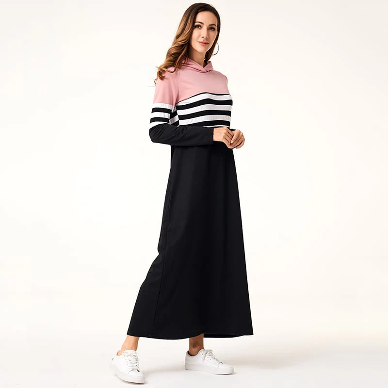 Robe à Capuche d’Automne pour Femme, Manches Longues, Patchwork Rayé, Coupe Ajustée - Image 3