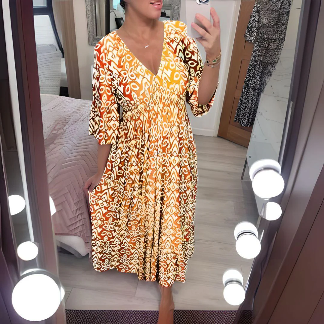 Robe bohème ample pour femme – Col en V, imprimé graphique, longueur cheville