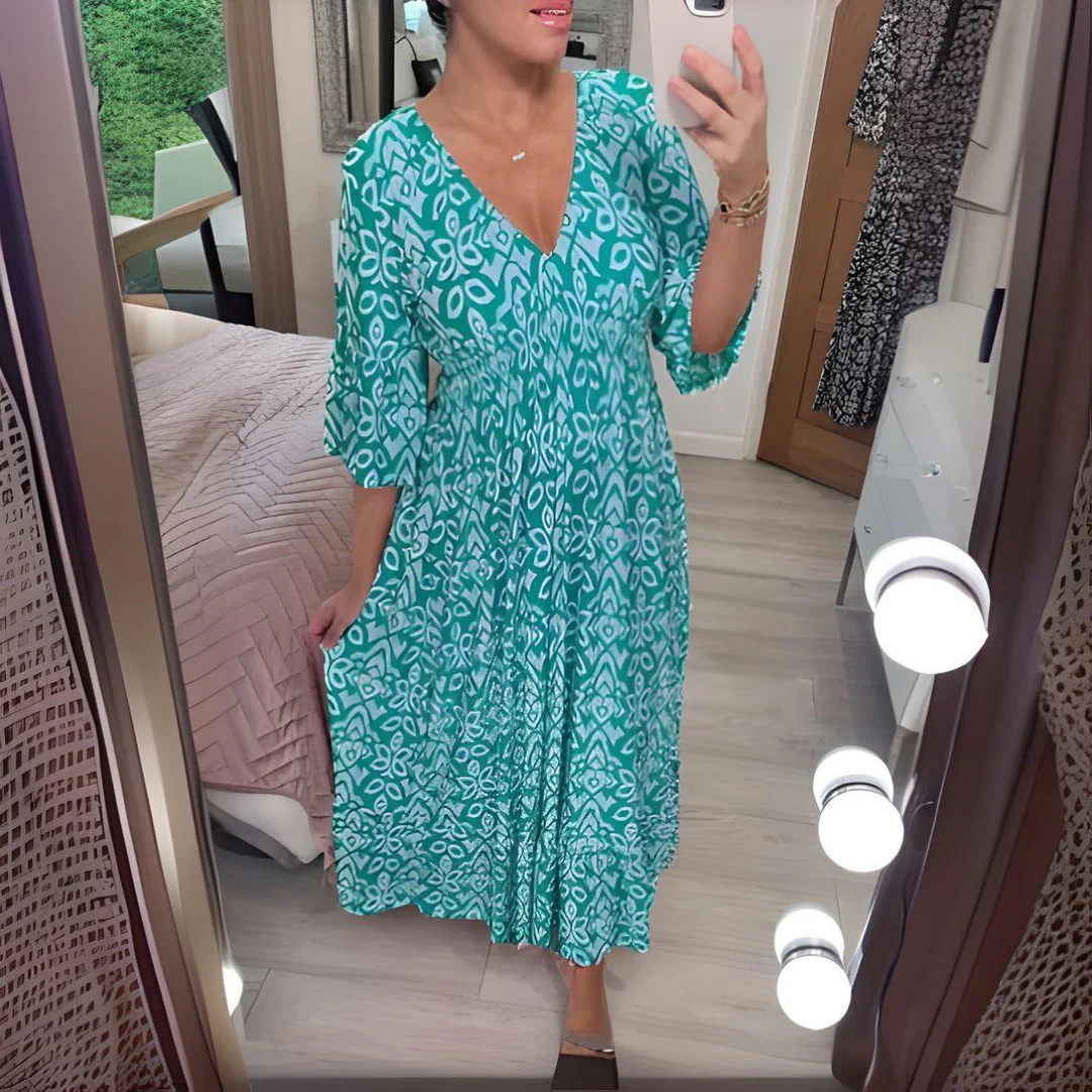 Robe bohème ample pour femme – Col en V, imprimé graphique, longueur cheville - Image 6