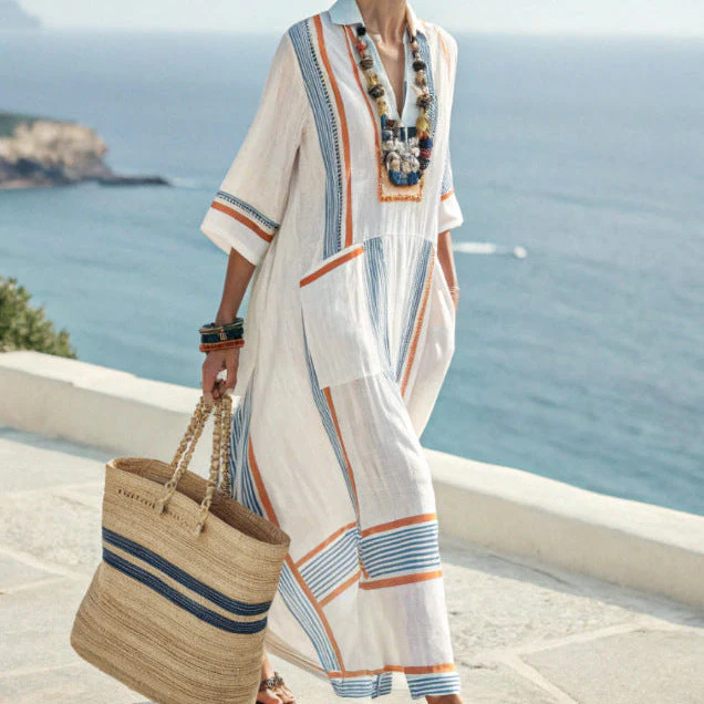 Robe caftan maxi bohème rayée femme – blanc bleu orange, été