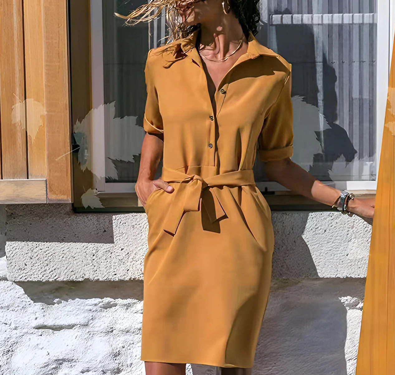 Robe chemise à manches longues et ceinture pour femme – Boutonnée style bureau et décontracté - Image 4