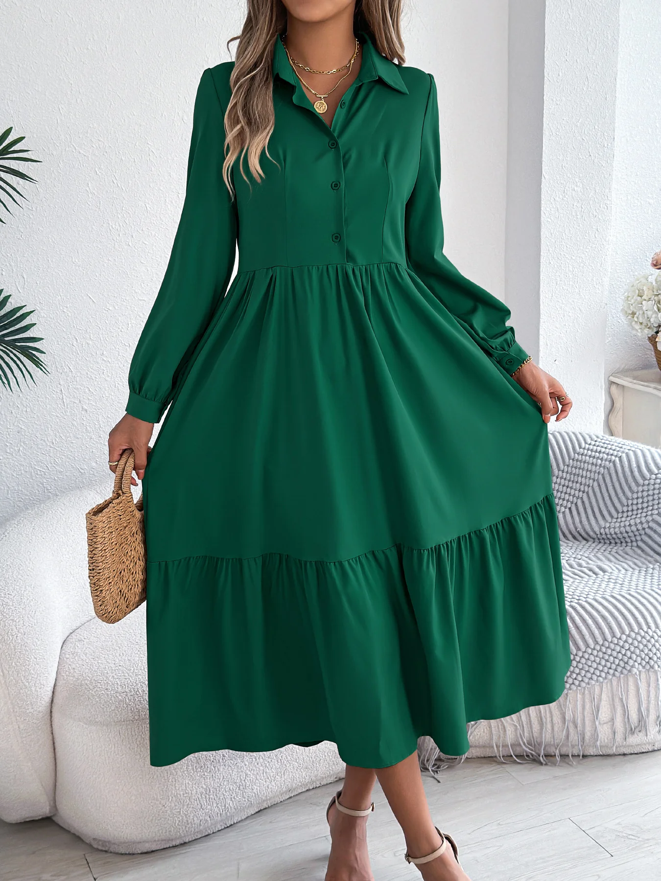 Robe Chemise à Volants Femme – Coupe Relaxed, Manches Longues Midi Élégante - Image 10
