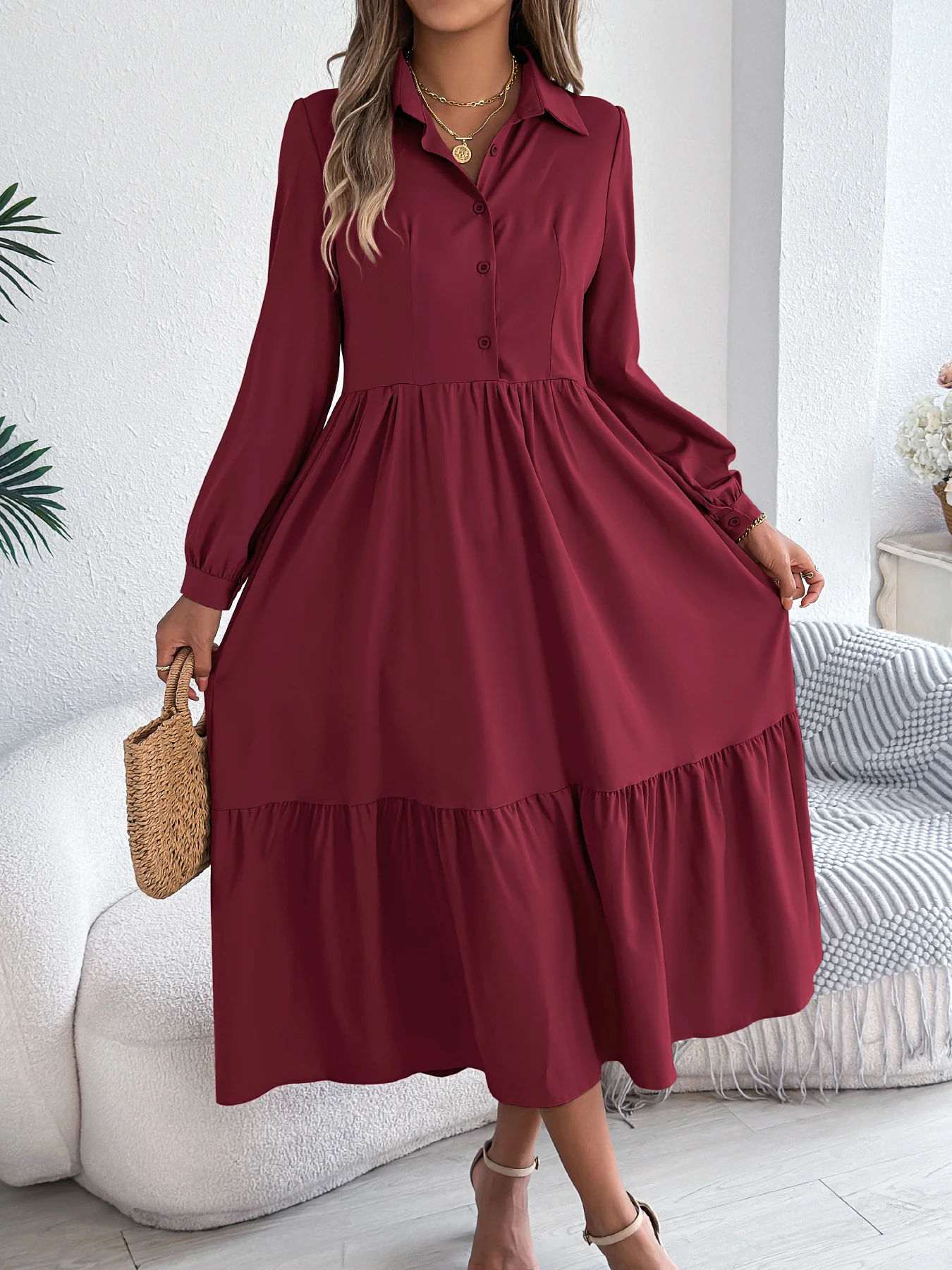 Robe Chemise à Volants Femme – Coupe Relaxed, Manches Longues Midi Élégante - Image 6