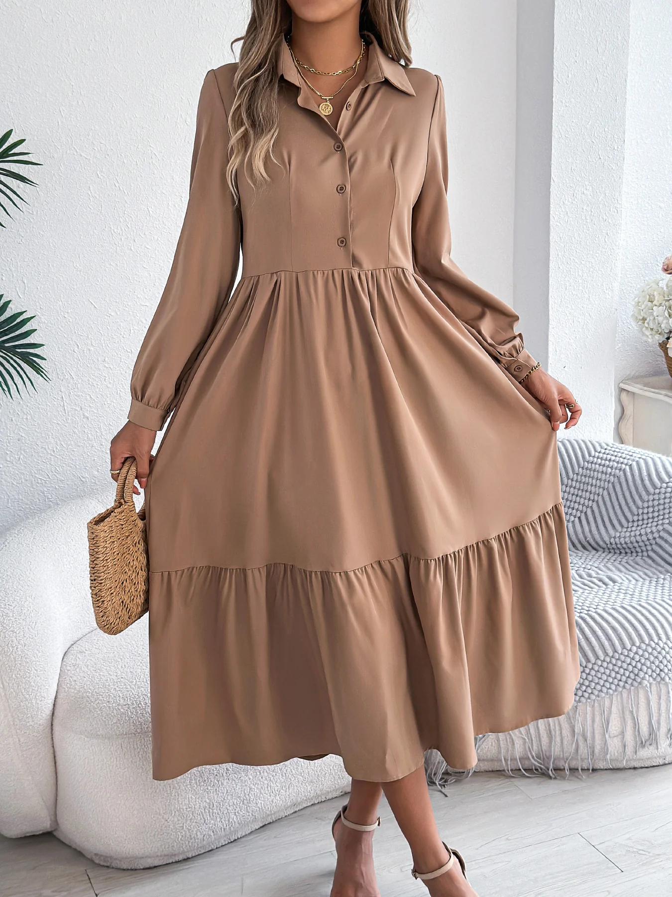 Robe Chemise à Volants Femme – Coupe Relaxed, Manches Longues Midi Élégante - Image 7