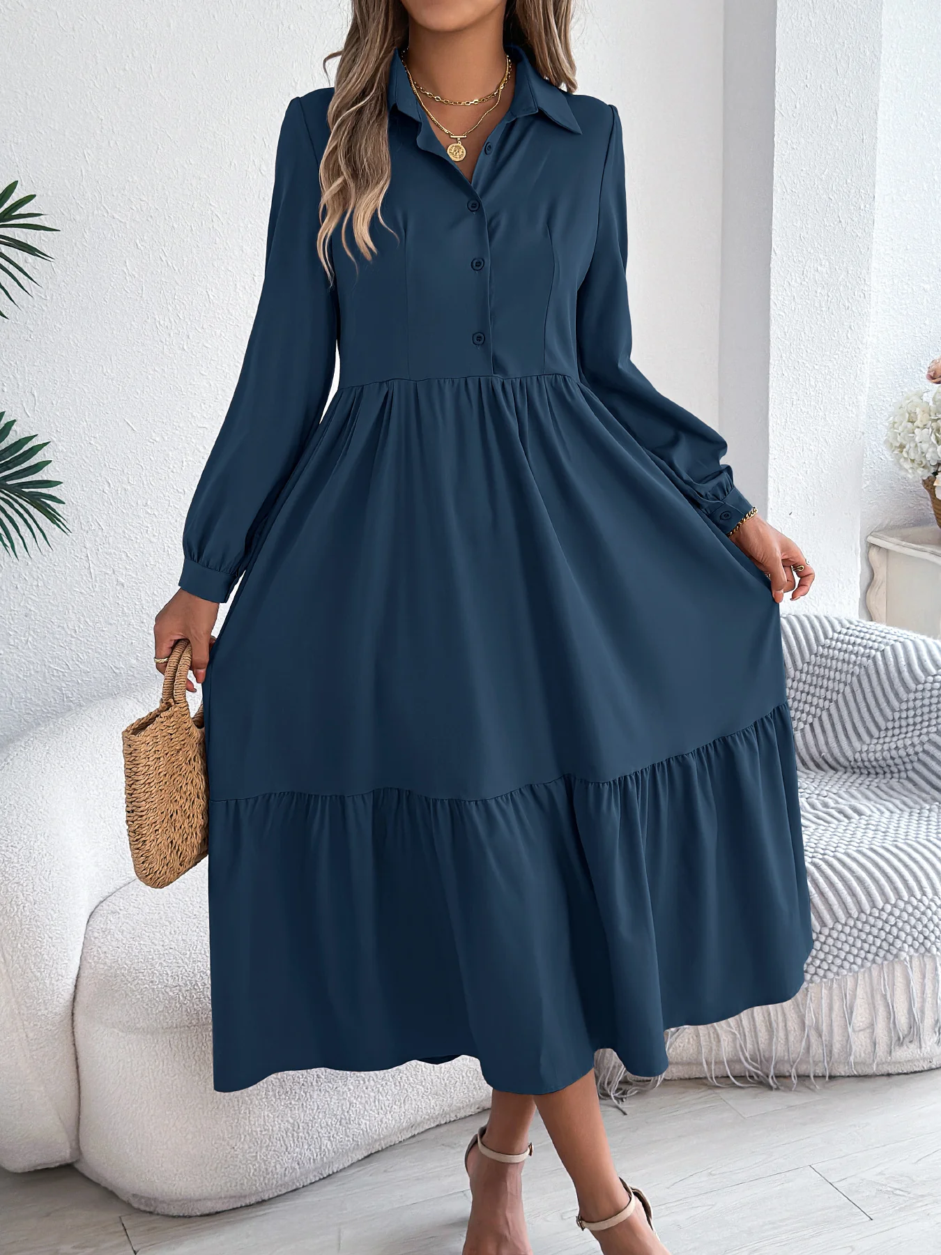 Robe Chemise à Volants Femme – Coupe Relaxed, Manches Longues Midi Élégante - Image 8