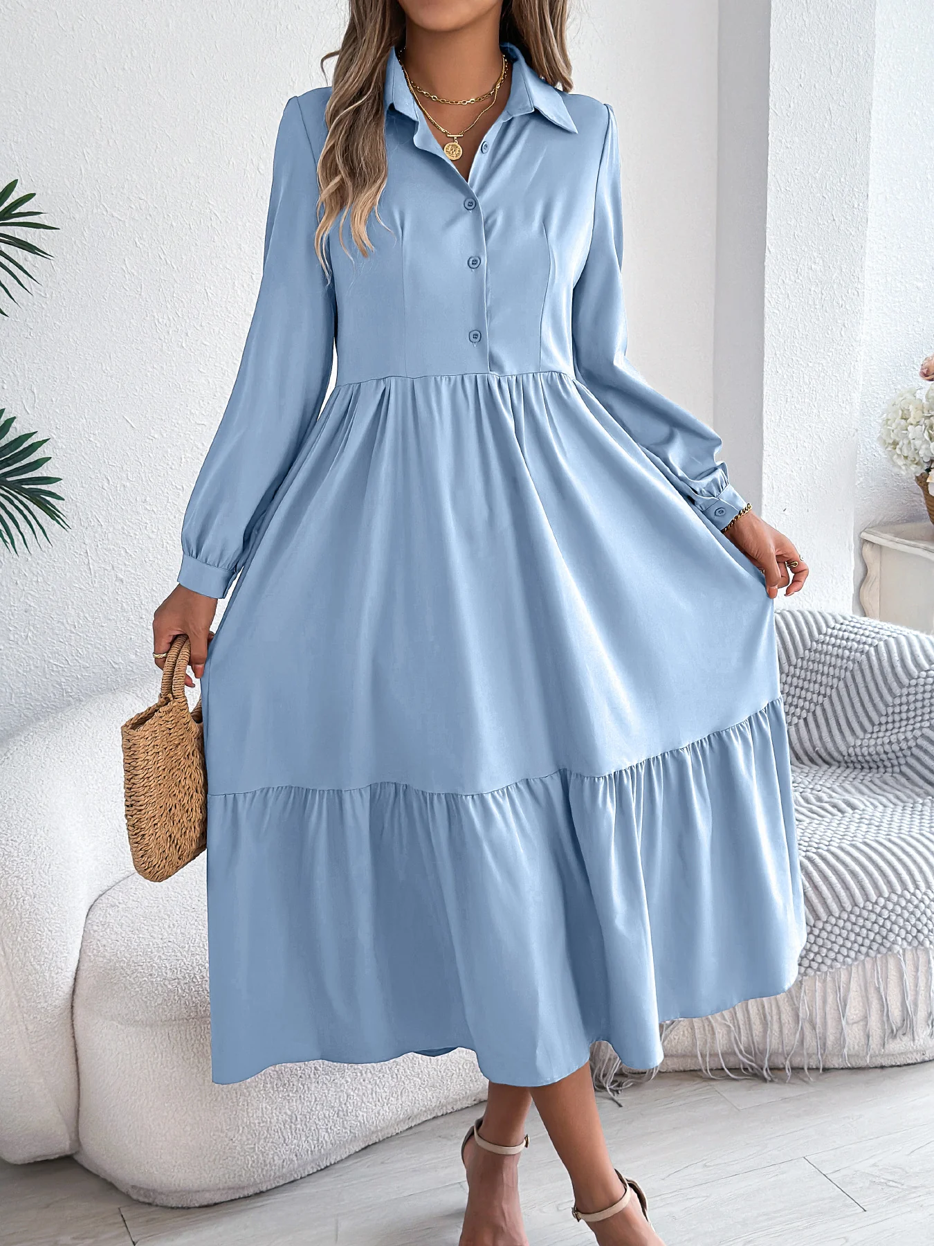 Robe Chemise à Volants Femme – Coupe Relaxed, Manches Longues Midi Élégante - Image 9