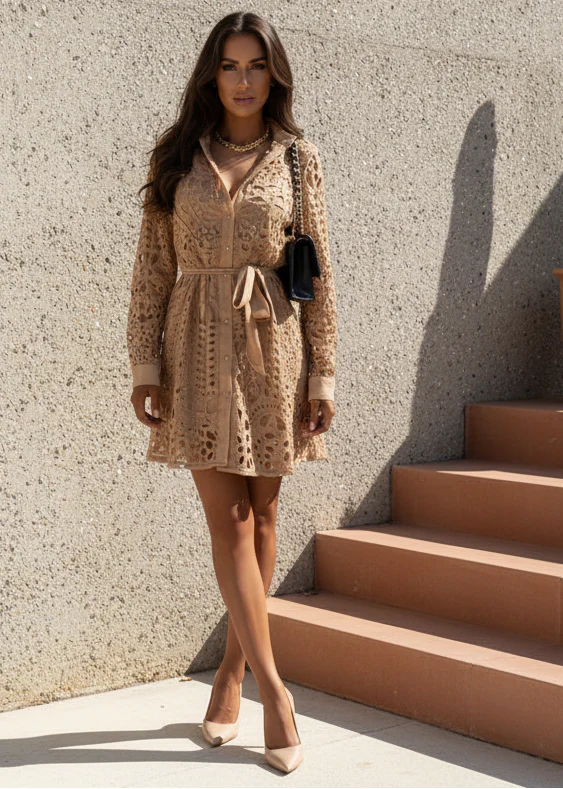 Robe-chemise courte élégante en dentelle couleur caramel pour femme – Manches longues et découpes - Image 7