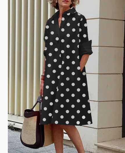 Robe chemise femme à pois polka dot – Coupe fluide élégante en coton mélangé