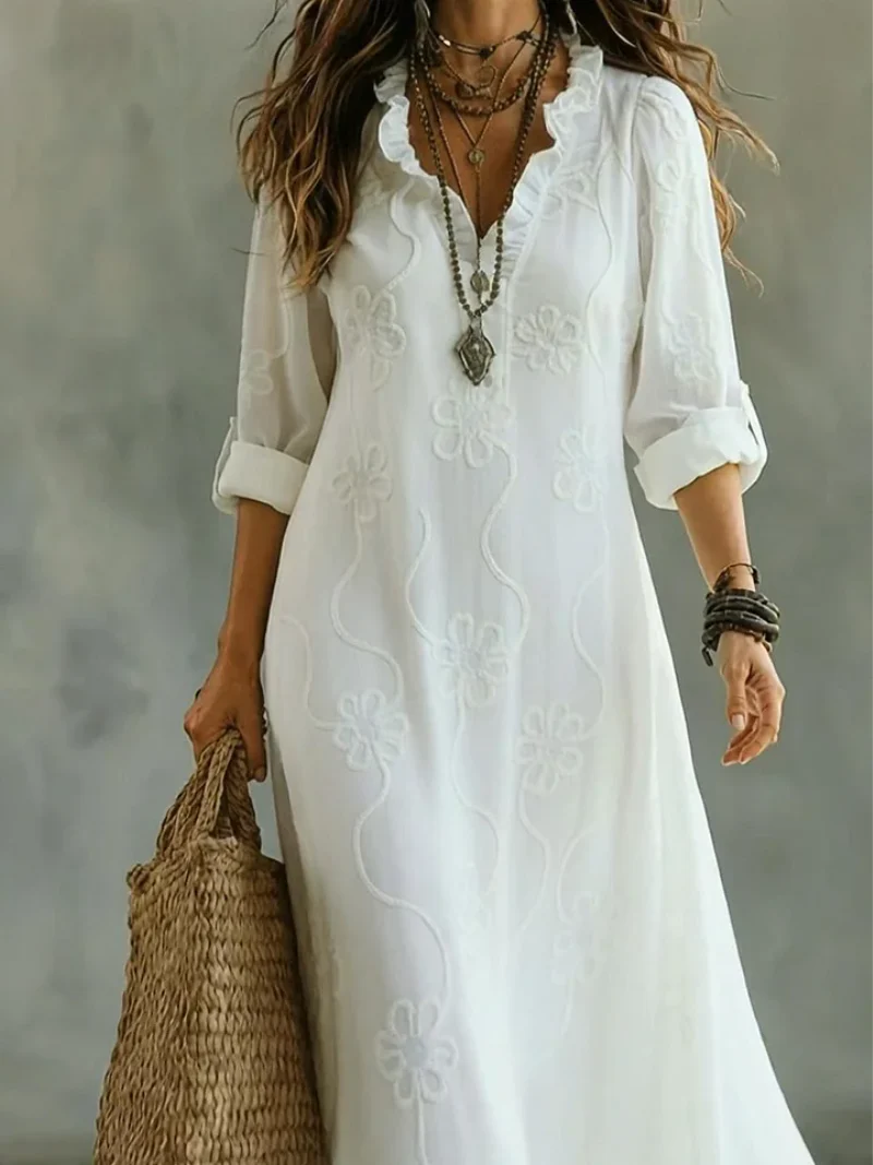 Robe Chemise Maxi Femme Brodée Col V – Coupe Ample Coton Lin Décontractée - Image 2