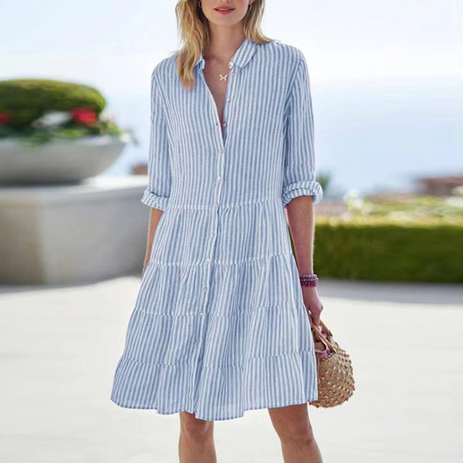 Robe Chemise Midi à Rayures pour Femme – Robe d’Été Décontractée à Boutons - Image 5