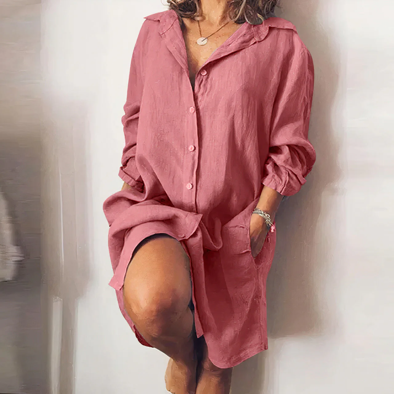 Robe chemise midi boutonnée d'été pour femme - Robe décontractée en coton à manches longues - Image 3
