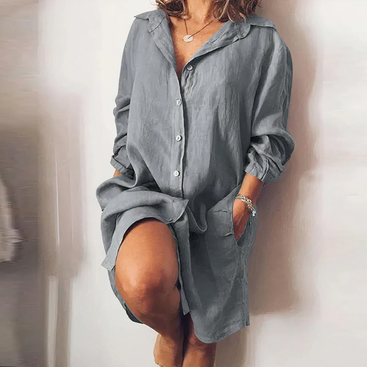 Robe chemise midi boutonnée d'été pour femme - Robe décontractée en coton à manches longues - Image 4