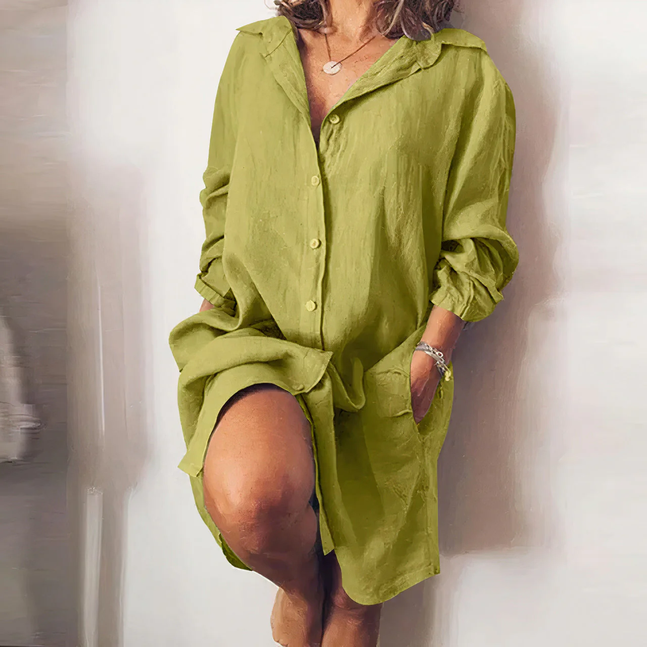 Robe chemise midi boutonnée d'été pour femme - Robe décontractée en coton à manches longues - Image 5
