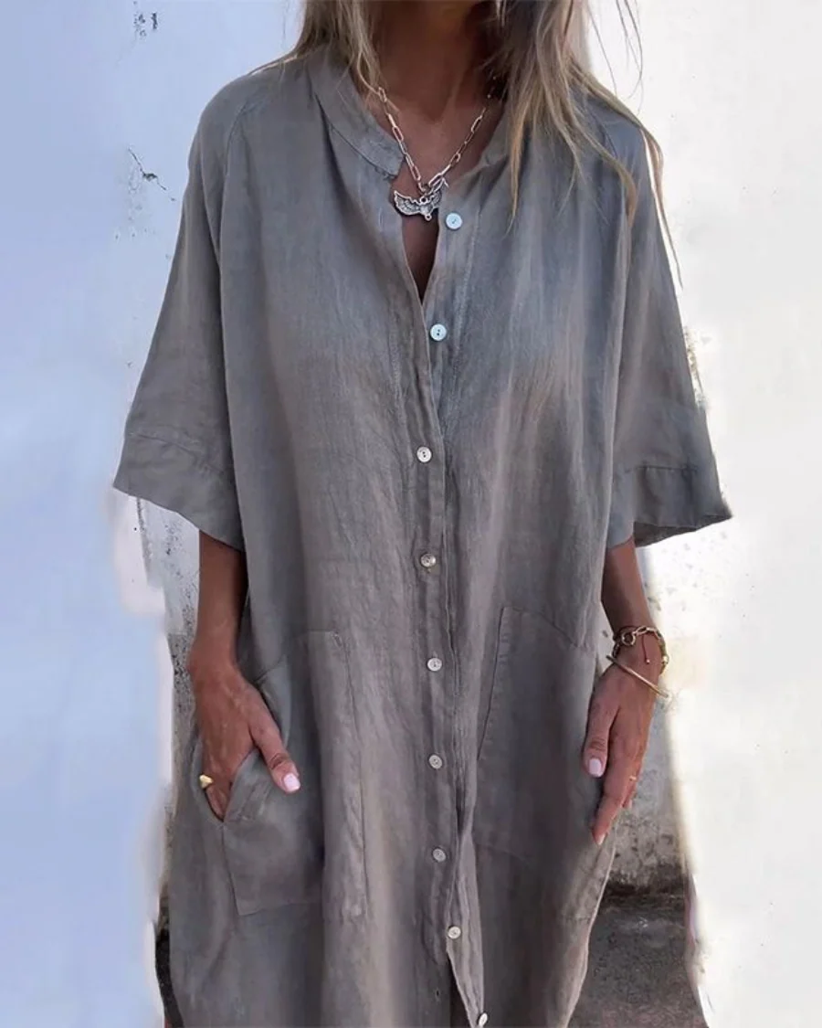 Robe chemise midi chemise décontractée élégante coupe ample femmes – Tenue d’été légère respirante confortable