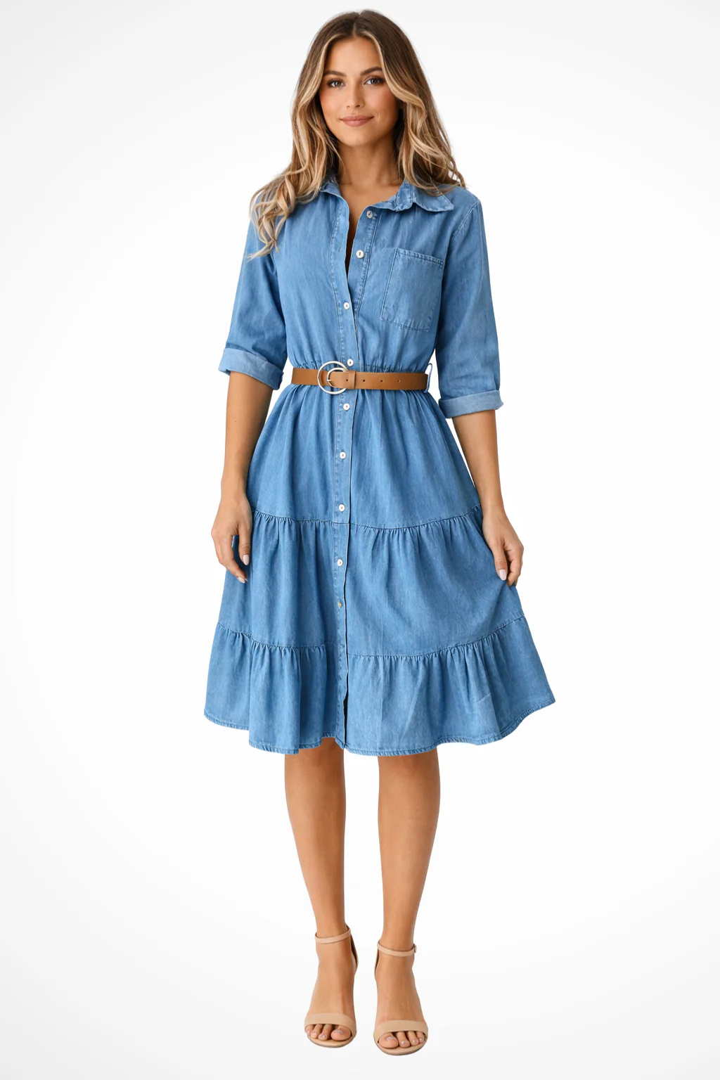 Robe-chemise midi en jean à volants pour femme – Style décontracté chic avec ceinture, idéal au quotidien