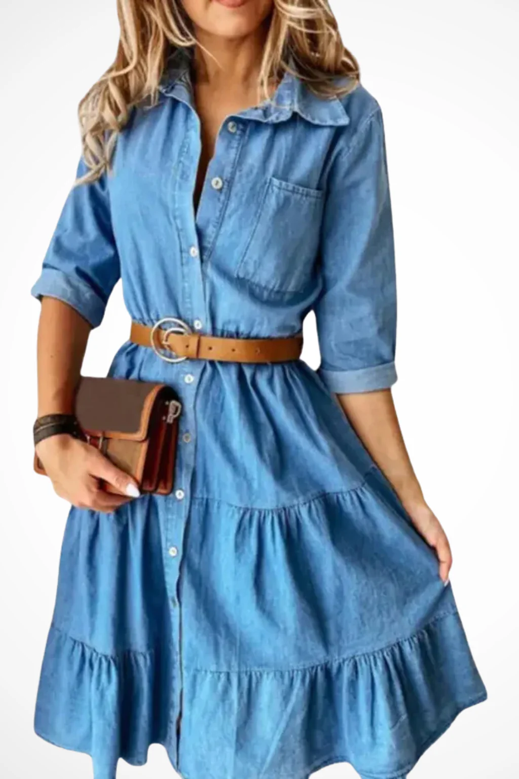 Robe-chemise midi en jean à volants pour femme – Style décontracté chic avec ceinture, idéal au quotidien - Image 2