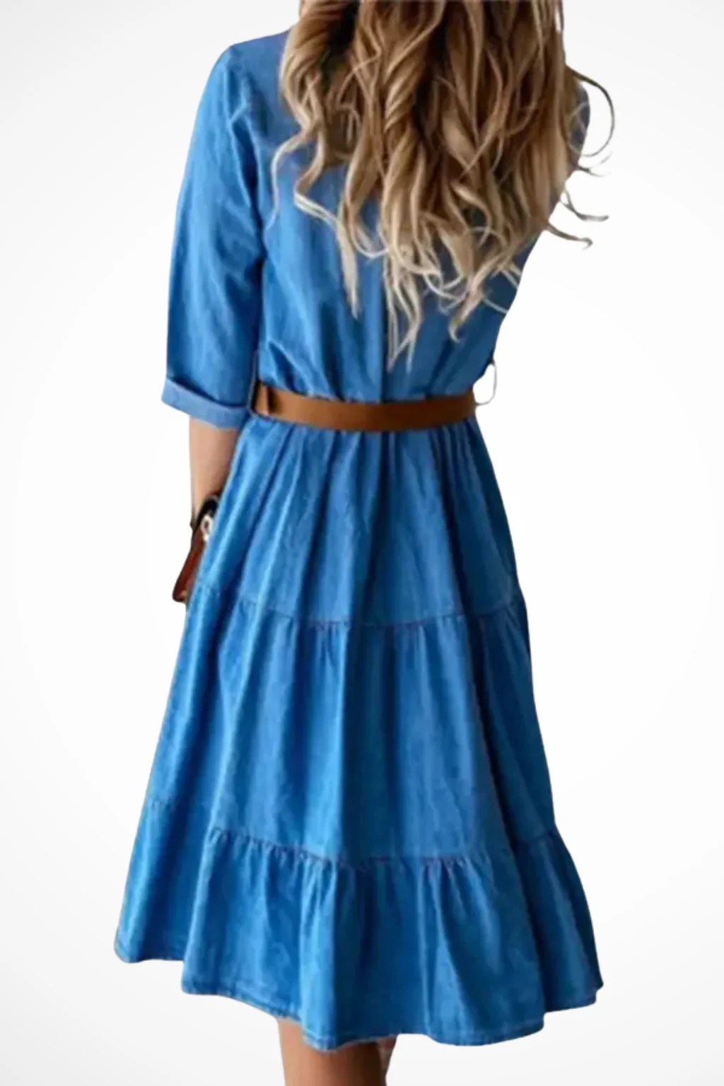 Robe-chemise midi en jean à volants pour femme – Style décontracté chic avec ceinture, idéal au quotidien - Image 3