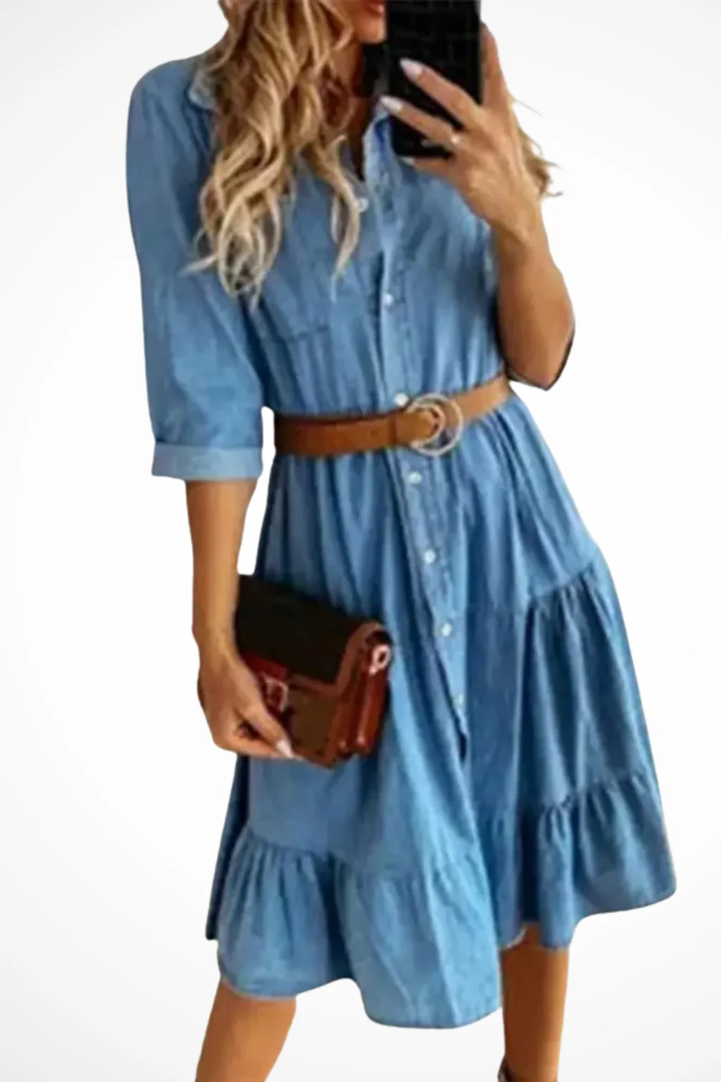 Robe-chemise midi en jean à volants pour femme – Style décontracté chic avec ceinture, idéal au quotidien - Image 4