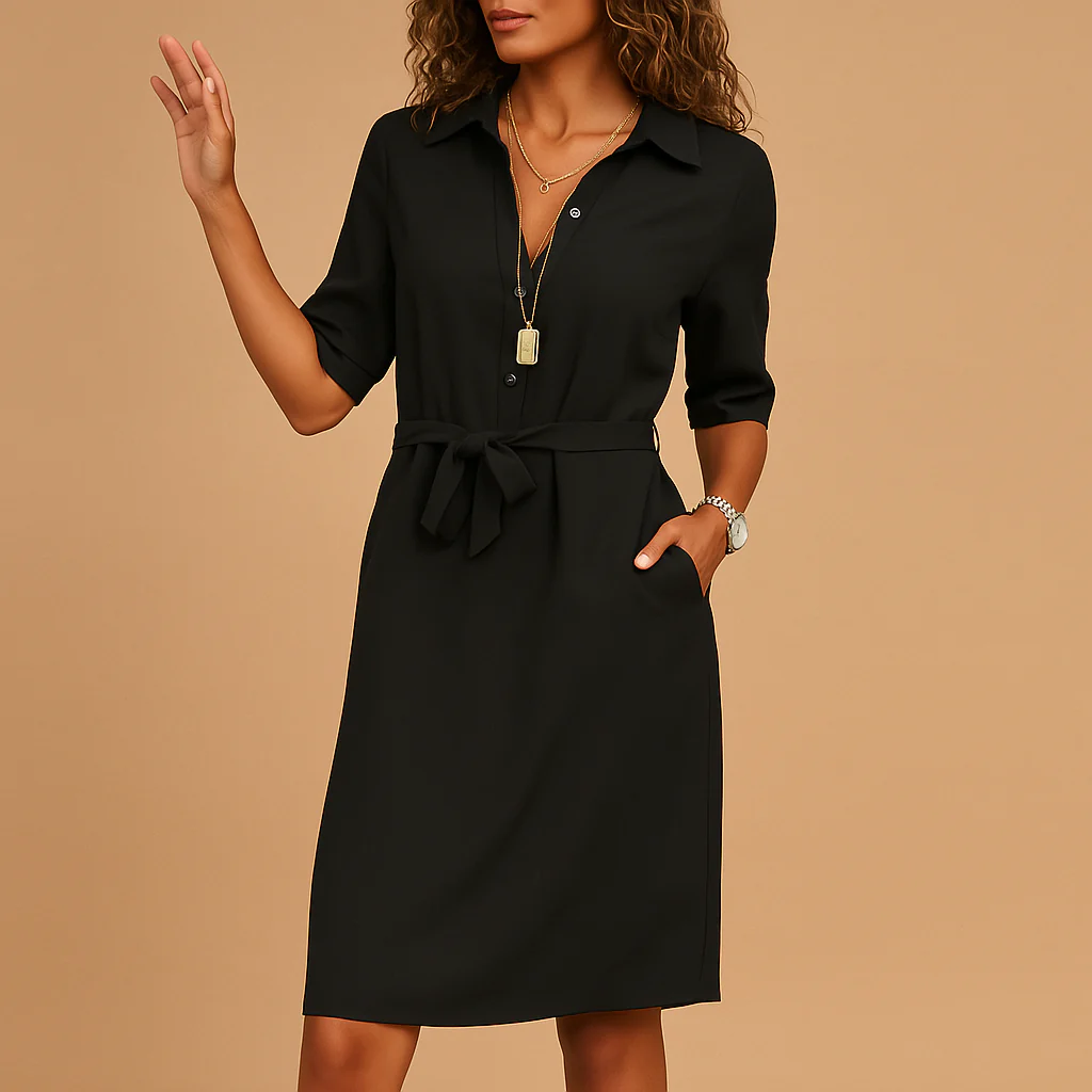 Robe chemise midi femme – Col tailleur et taille nouée