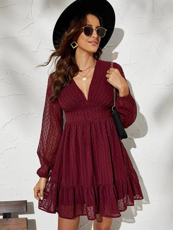 Robe Courte Élégante Femme – Manches Longues Col V Coupe Évasée - Image 2