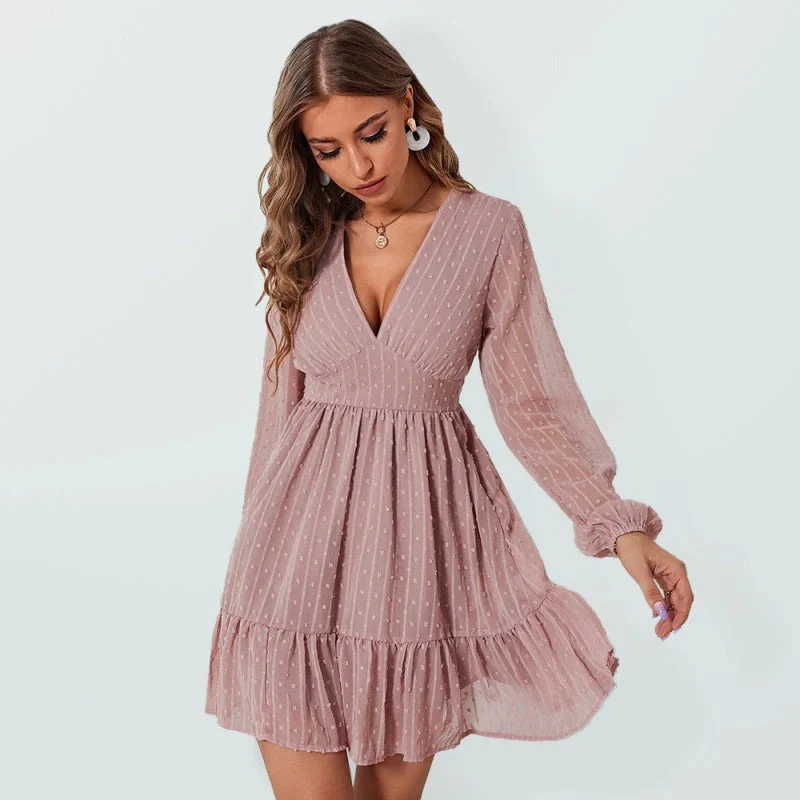 Robe Courte Élégante Femme – Manches Longues Col V Coupe Évasée - Image 3