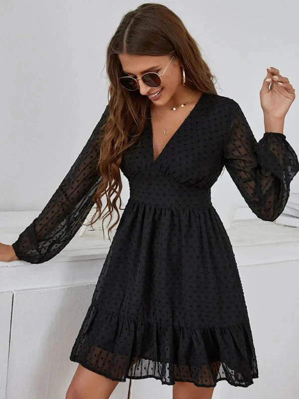 Robe Courte Élégante Femme – Manches Longues Col V Coupe Évasée - Image 4