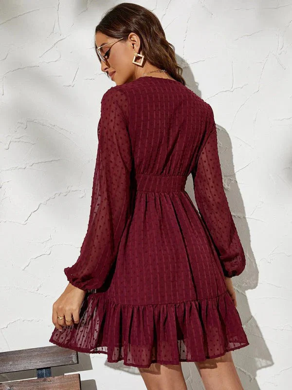 Robe Courte Élégante Femme – Manches Longues Col V Coupe Évasée - Image 5