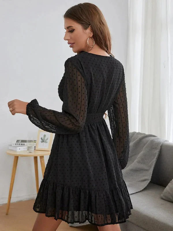Robe Courte Élégante Femme – Manches Longues Col V Coupe Évasée - Image 6