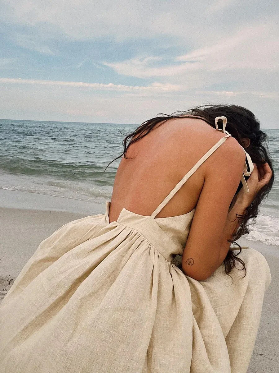 Robe d’Été Élégante en Lin Femme – Coupe Évasée Maxi Sans Manches Dos Nu - Image 3