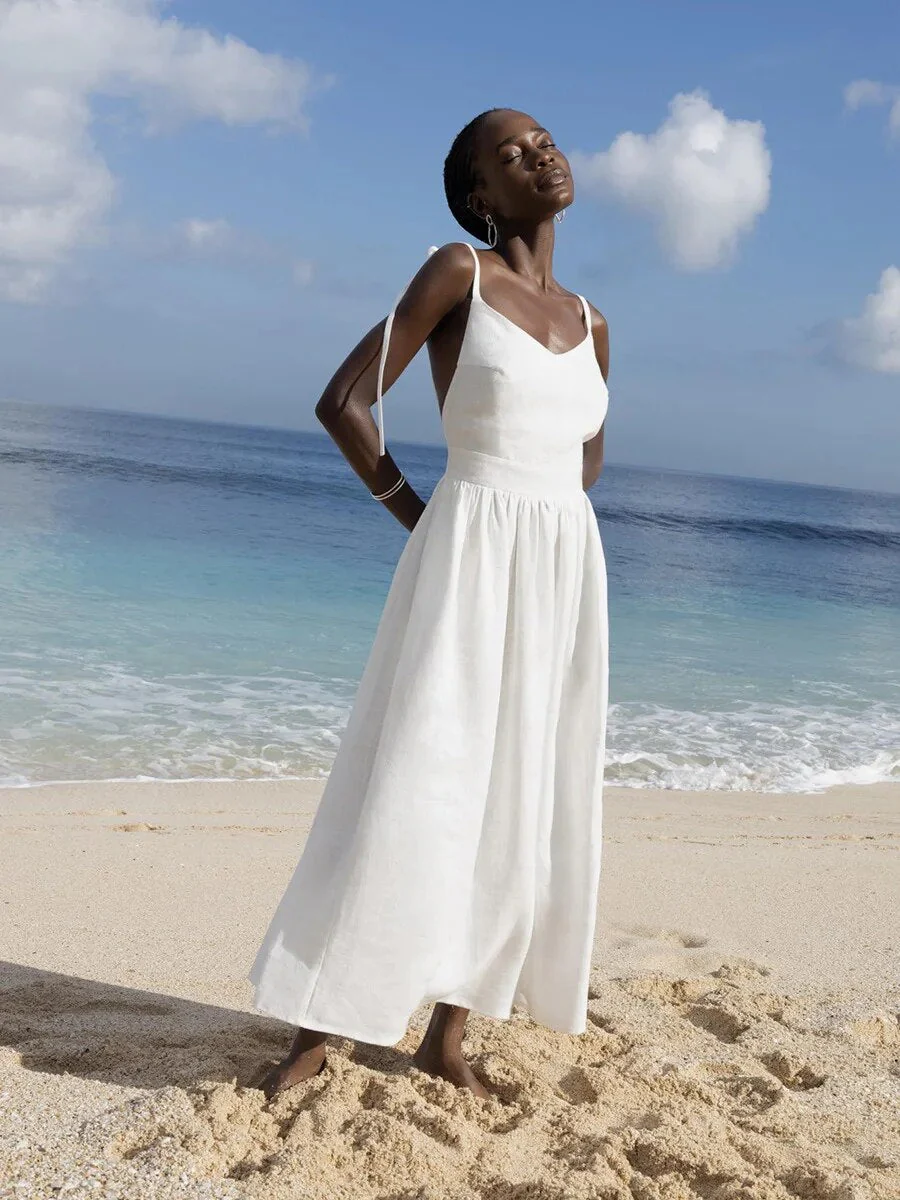 Robe d’Été Élégante en Lin Femme – Coupe Évasée Maxi Sans Manches Dos Nu - Image 4