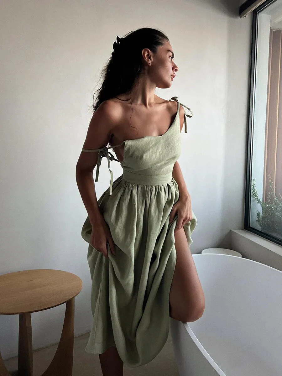 Robe d’Été Élégante en Lin Femme – Coupe Évasée Maxi Sans Manches Dos Nu - Image 5
