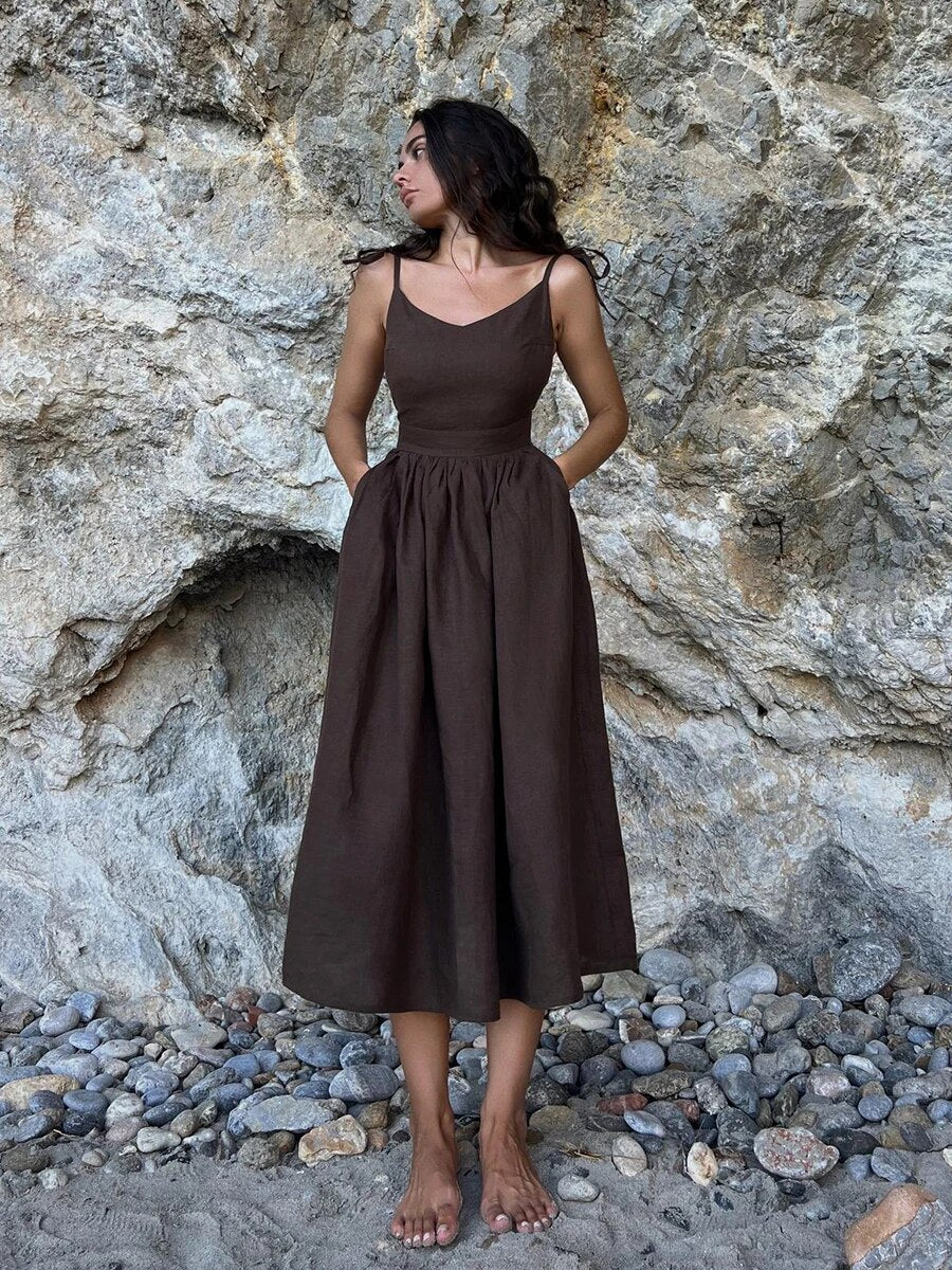 Robe d’Été Élégante en Lin Femme – Coupe Évasée Maxi Sans Manches Dos Nu - Image 7