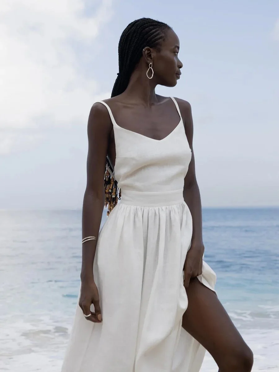 Robe d’Été Élégante en Lin Femme – Coupe Évasée Maxi Sans Manches Dos Nu - Image 8