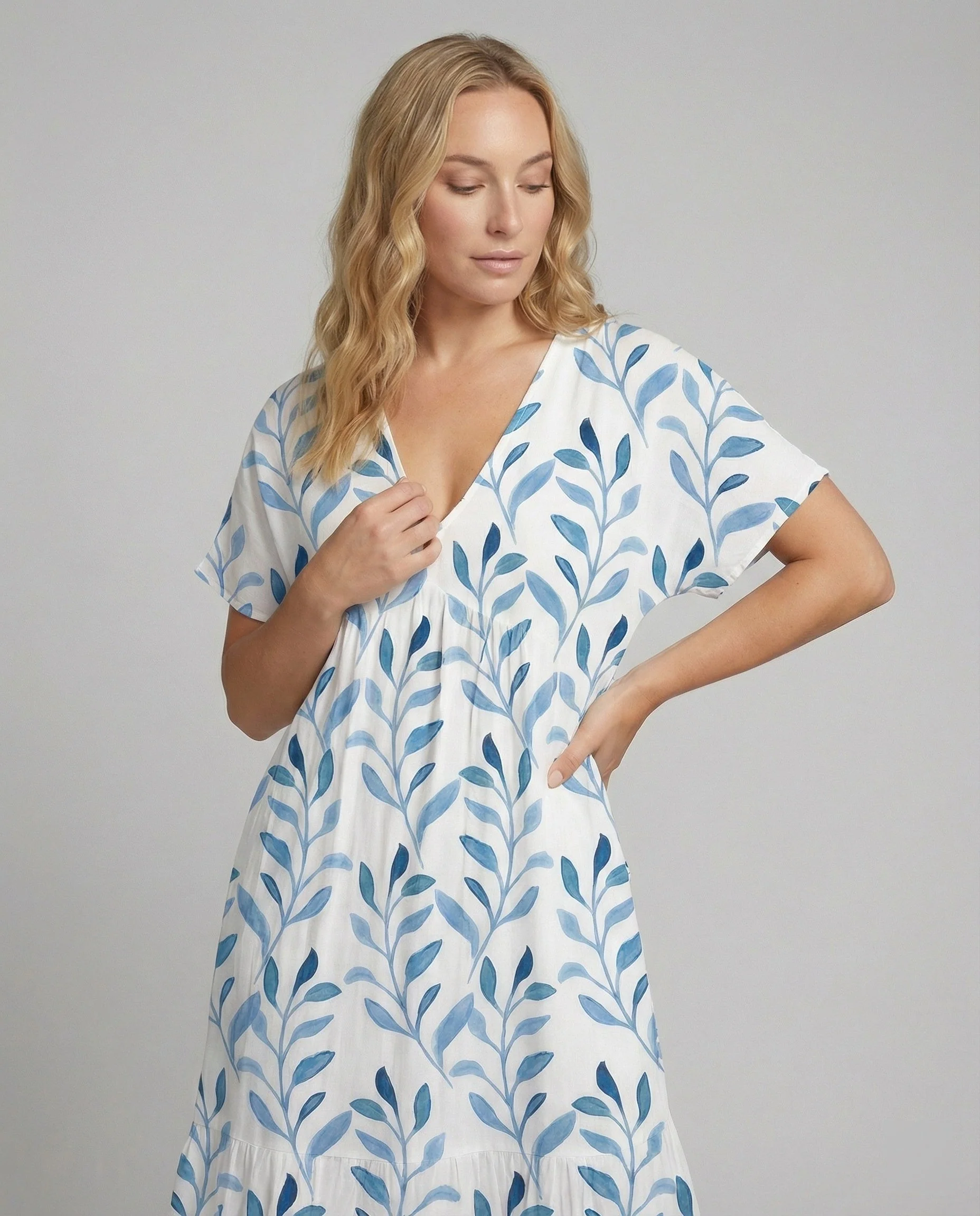Robe d’Été Élégante Femme – Manches Courtes Aérées Imprimé Feuilles - Image 2