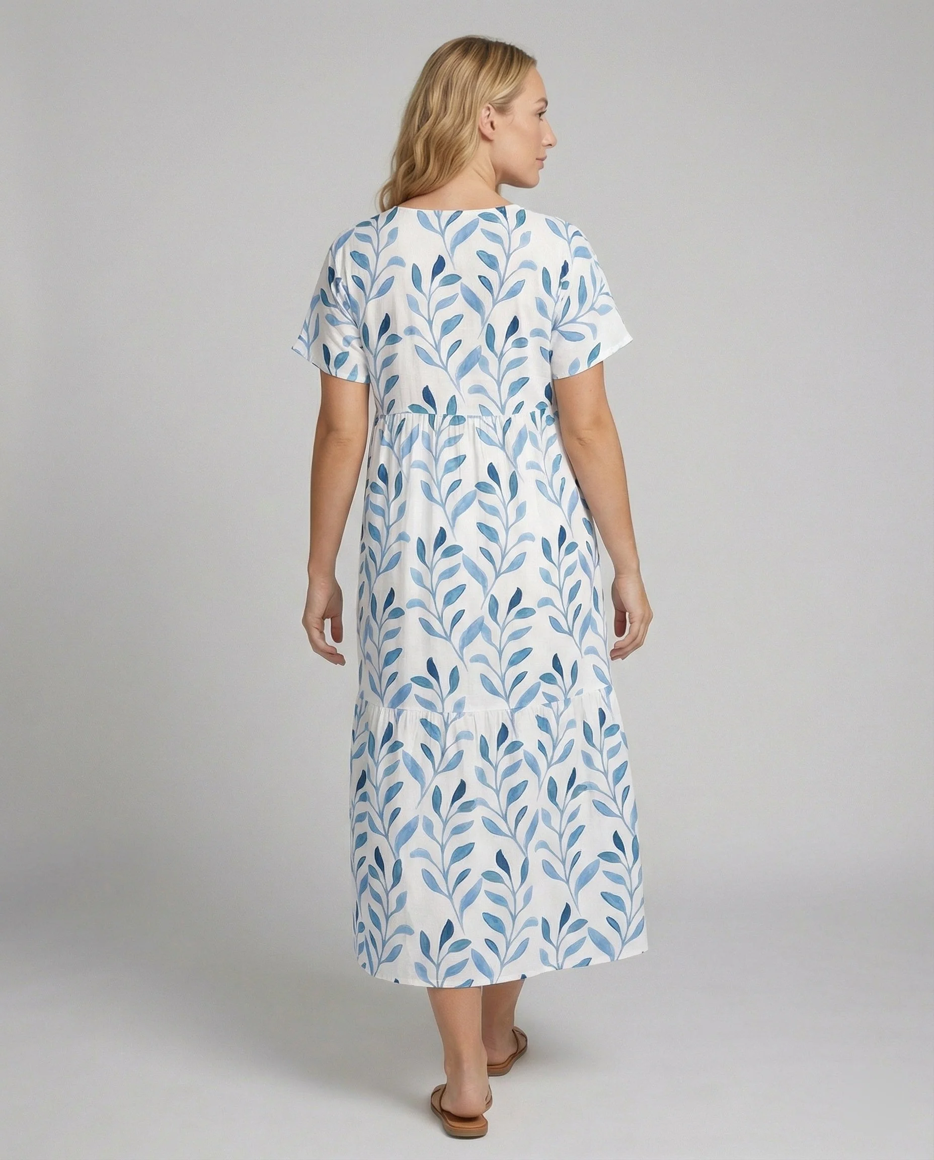 Robe d’Été Élégante Femme – Manches Courtes Aérées Imprimé Feuilles - Image 4
