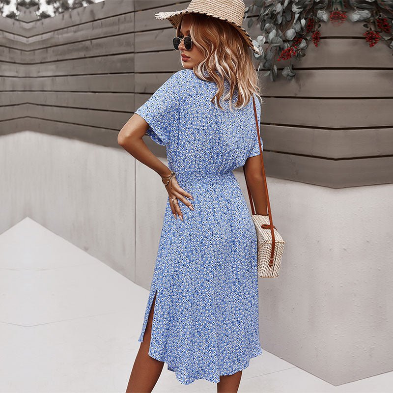 Robe d’été femme avec liens – Robe midi décontractée à fleurs et boutons - Image 2