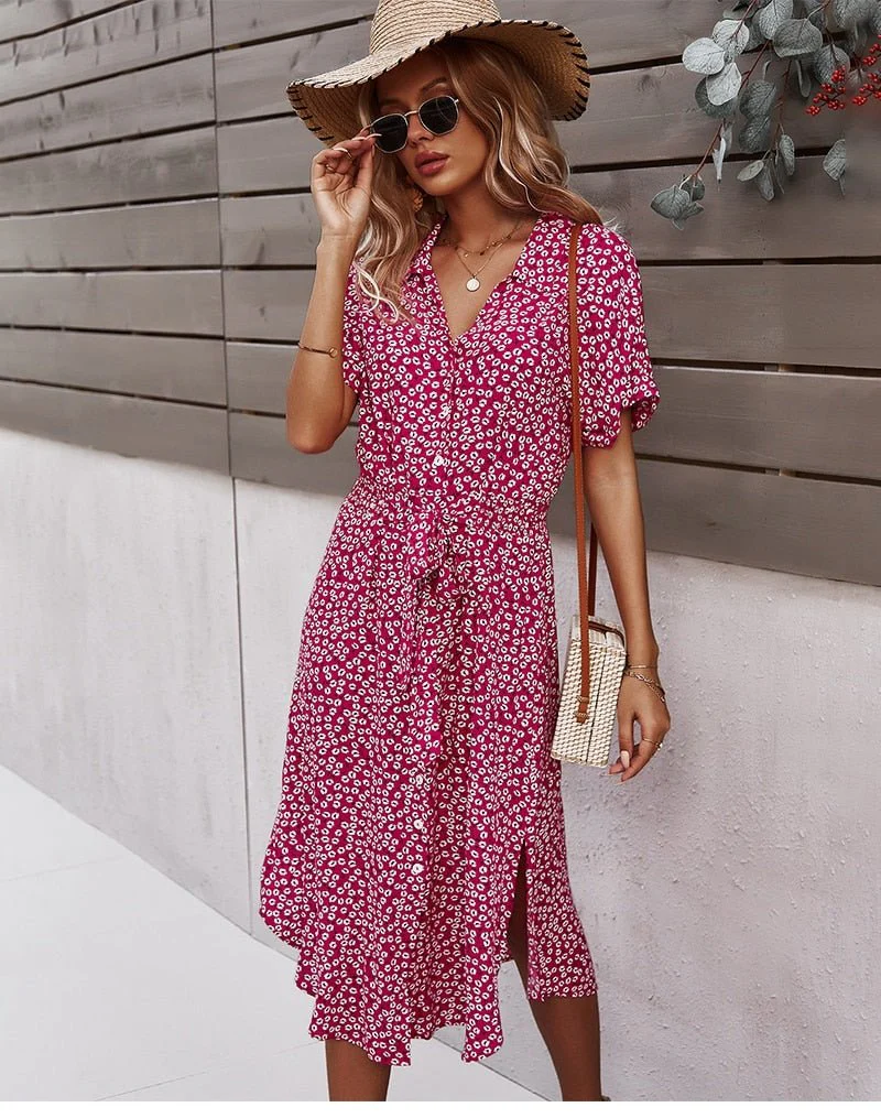 Robe d’été femme avec liens – Robe midi décontractée à fleurs et boutons - Image 7