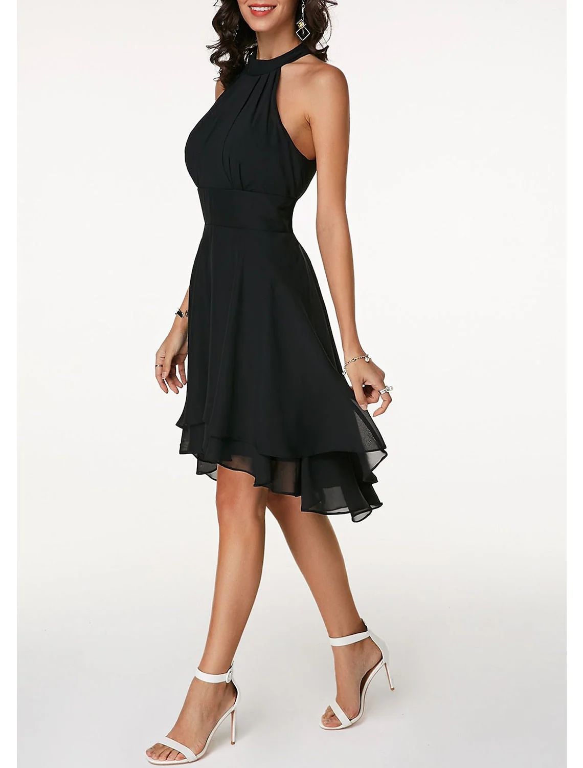 Robe de cocktail trapèze dos nu pour femme, longueur genou – Sans manches, en mousseline à volants, style festif