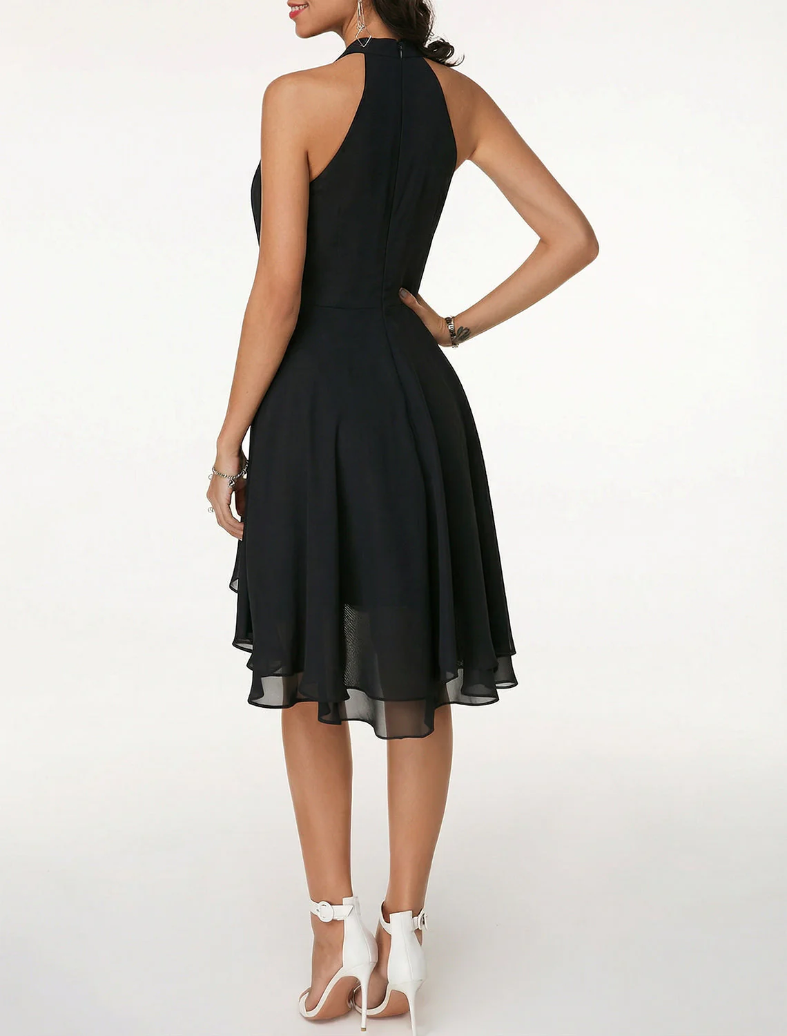 Robe de cocktail trapèze dos nu pour femme, longueur genou – Sans manches, en mousseline à volants, style festif - Image 2
