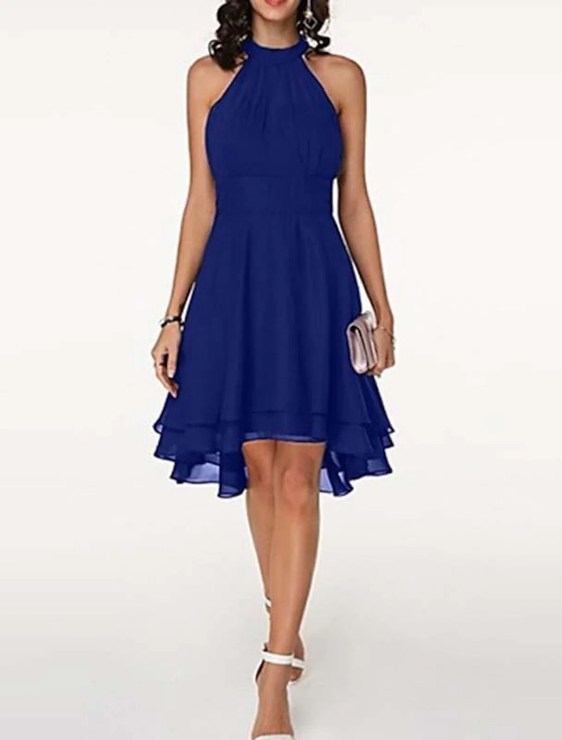 Robe de cocktail trapèze dos nu pour femme, longueur genou – Sans manches, en mousseline à volants, style festif - Image 3