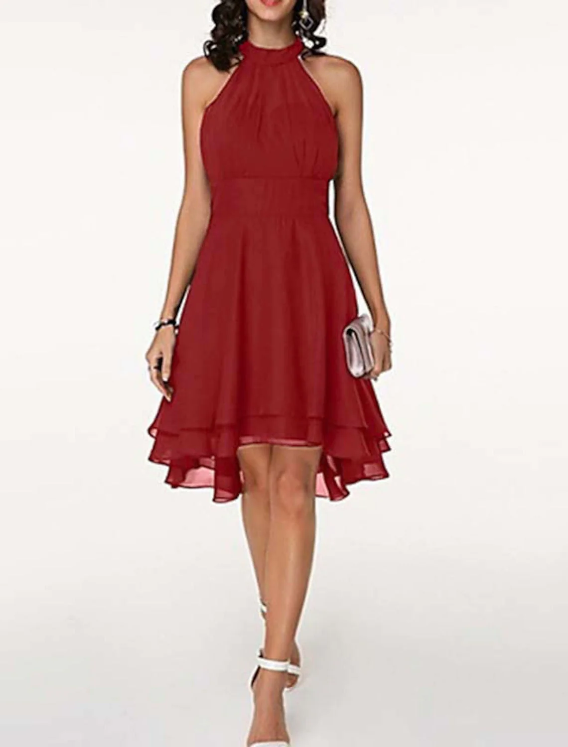 Robe de cocktail trapèze dos nu pour femme, longueur genou – Sans manches, en mousseline à volants, style festif - Image 4