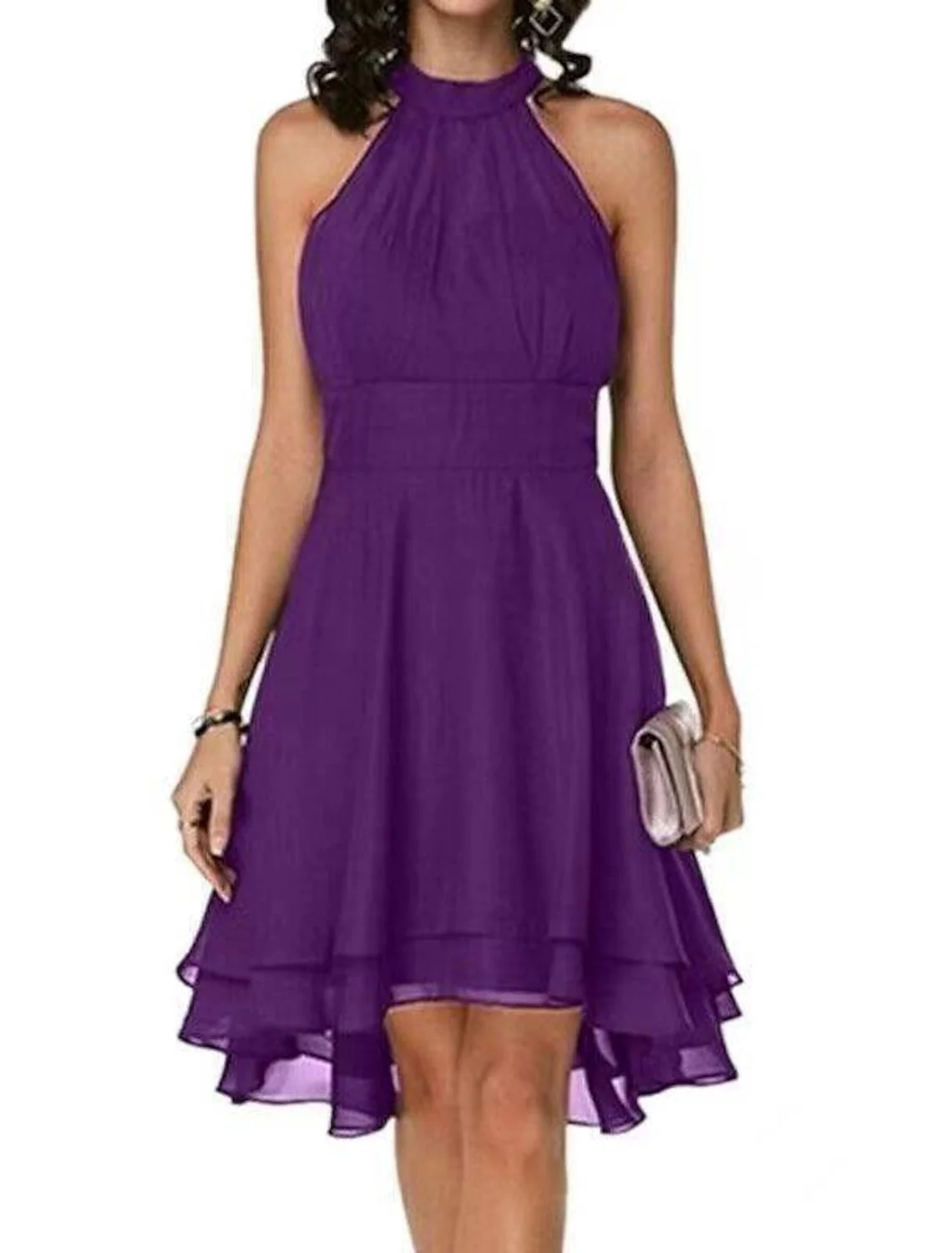 Robe de cocktail trapèze dos nu pour femme, longueur genou – Sans manches, en mousseline à volants, style festif - Image 5