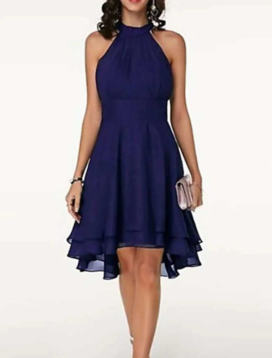 Robe de cocktail trapèze dos nu pour femme, longueur genou – Sans manches, en mousseline à volants, style festif - Image 6