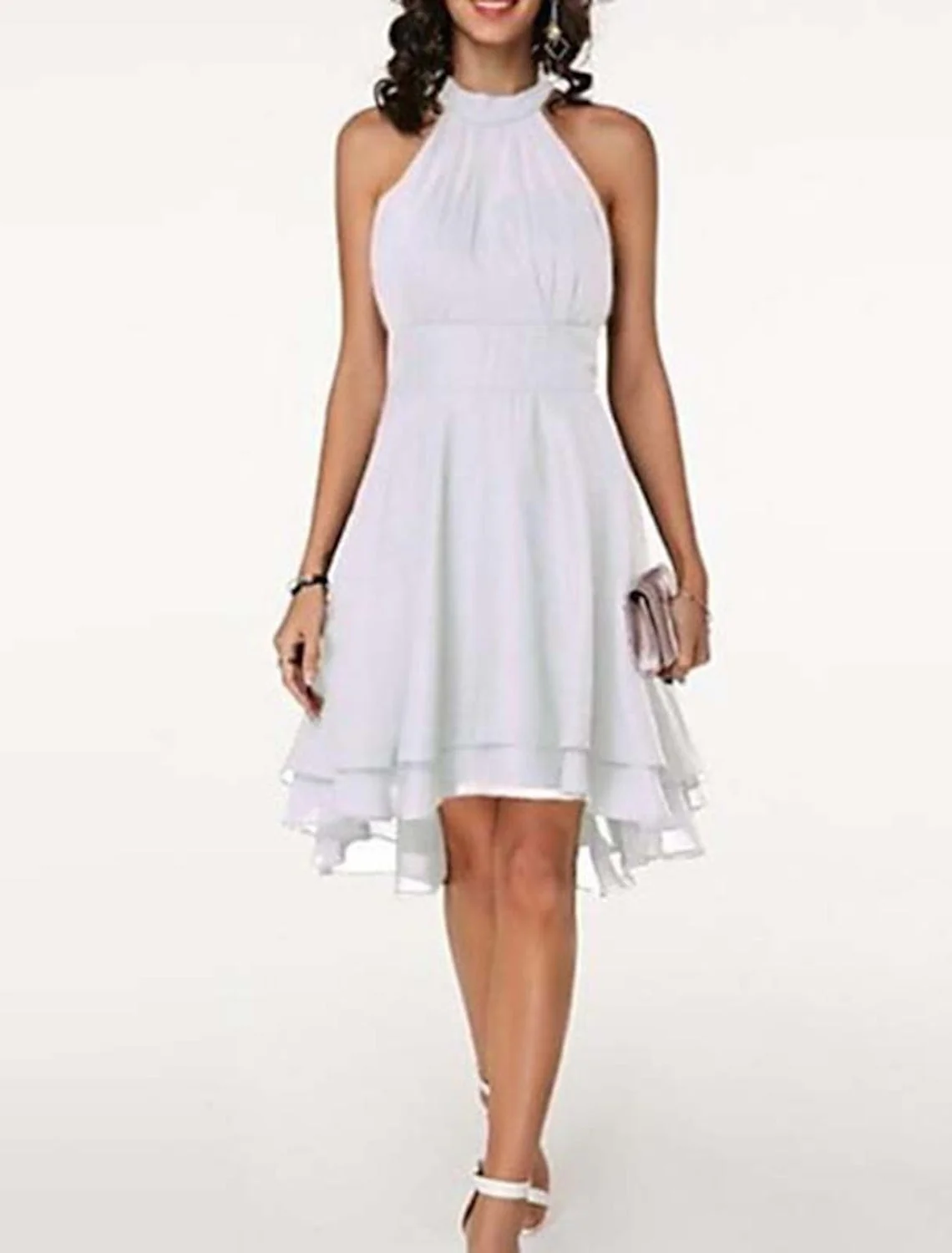 Robe de cocktail trapèze dos nu pour femme, longueur genou – Sans manches, en mousseline à volants, style festif - Image 7