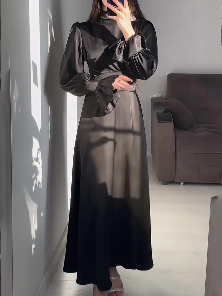 Robe de Soirée Élégante en Satin pour Femme – Maxi Robe Swing avec Manches Bouffantes Longues